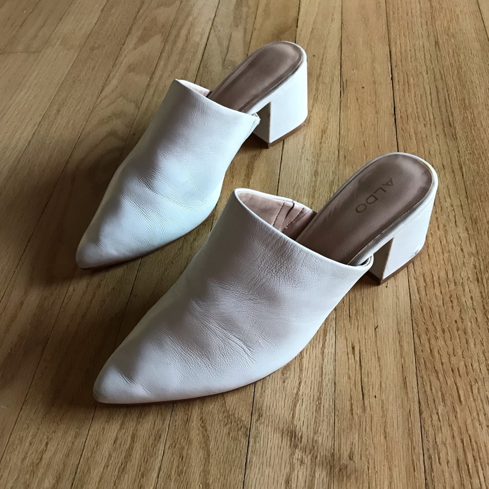 Aldo White Heeled Mules